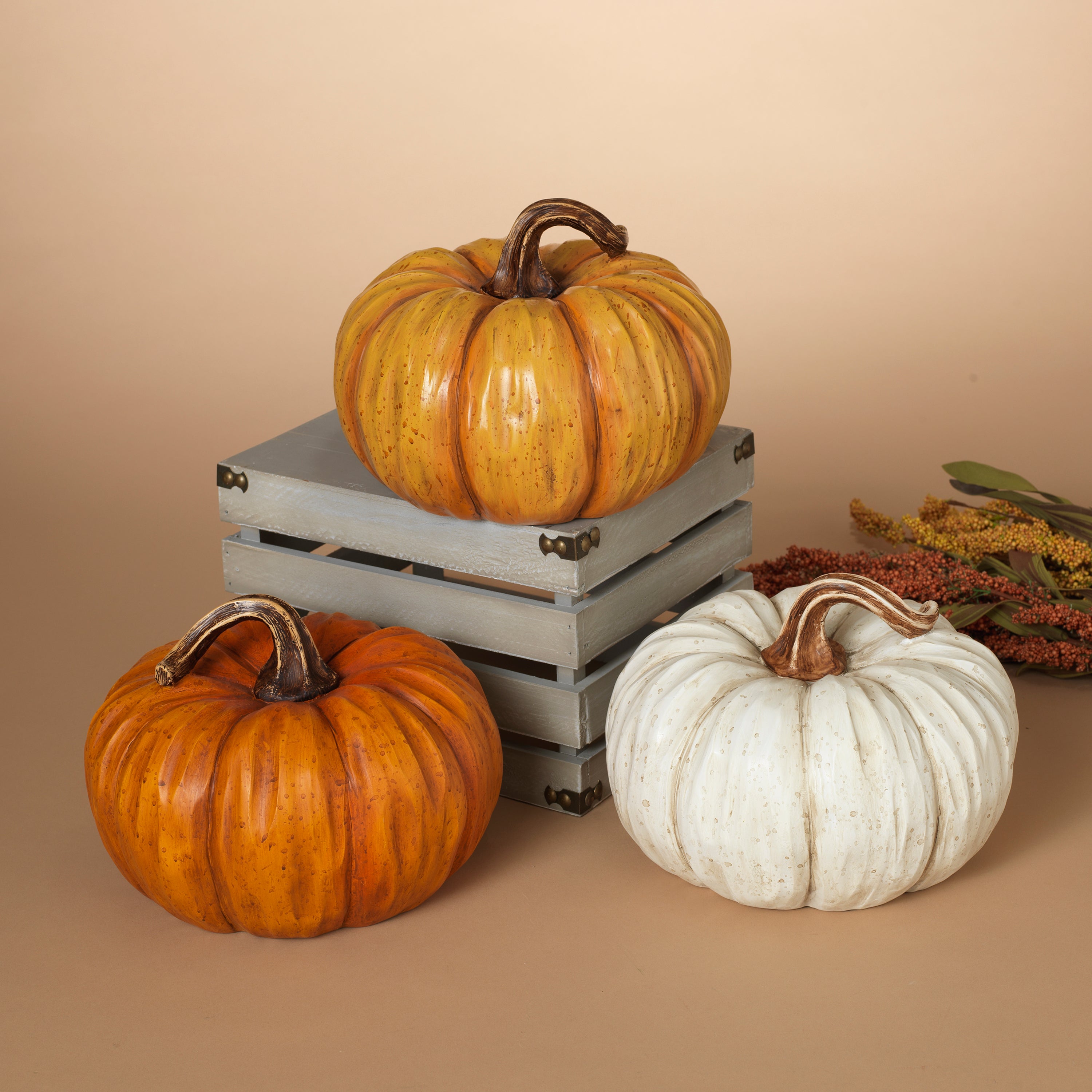 Rustic 9 inch Resin Harvest Pumpkin Set of 3 Assorted Styles #2484370EC
